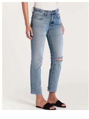 Current/Elliott Faded Light Blue Cropped Straight Jeans with Knee Distress